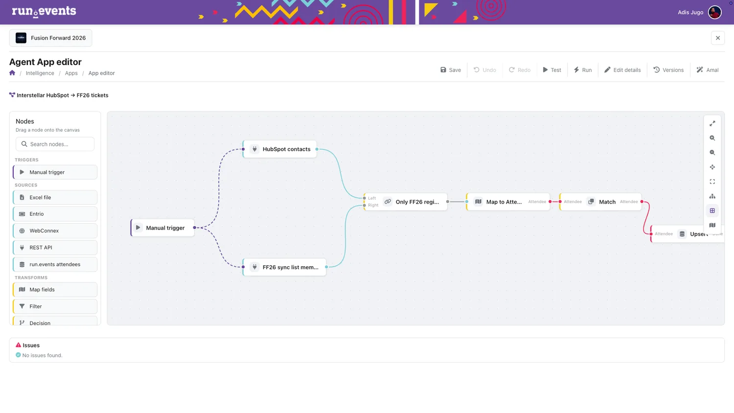 A flow editor in run.events with a flow that connects HubSpot contacts to the event's attendees.