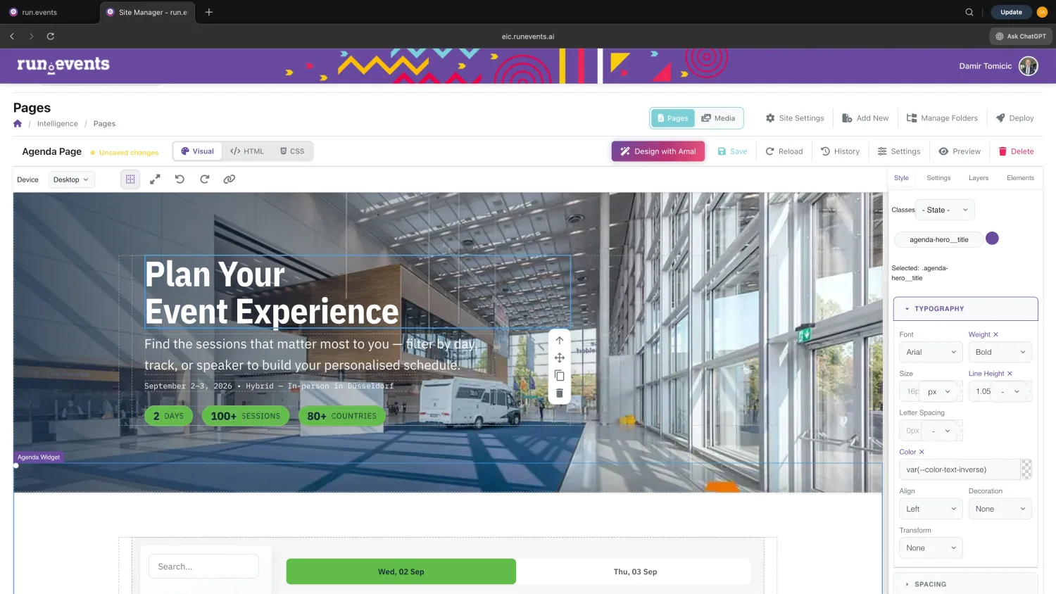 The AI page builder in run.events: the agenda page of an event website in the visual editor, with the “Design with Amal” button.