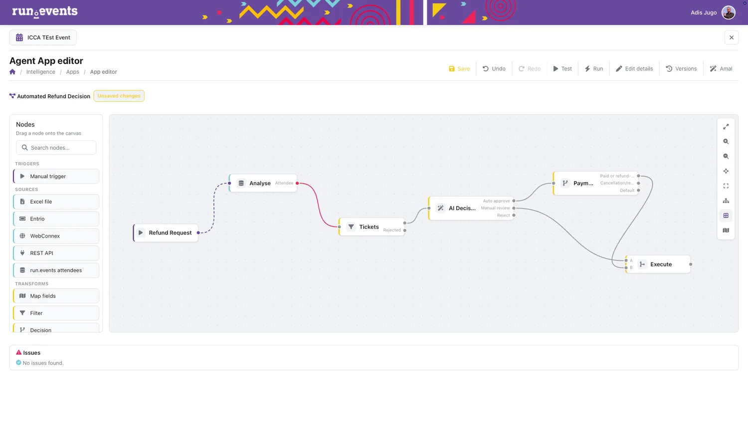 An AI agent in run.events with an automated refund decision flow.